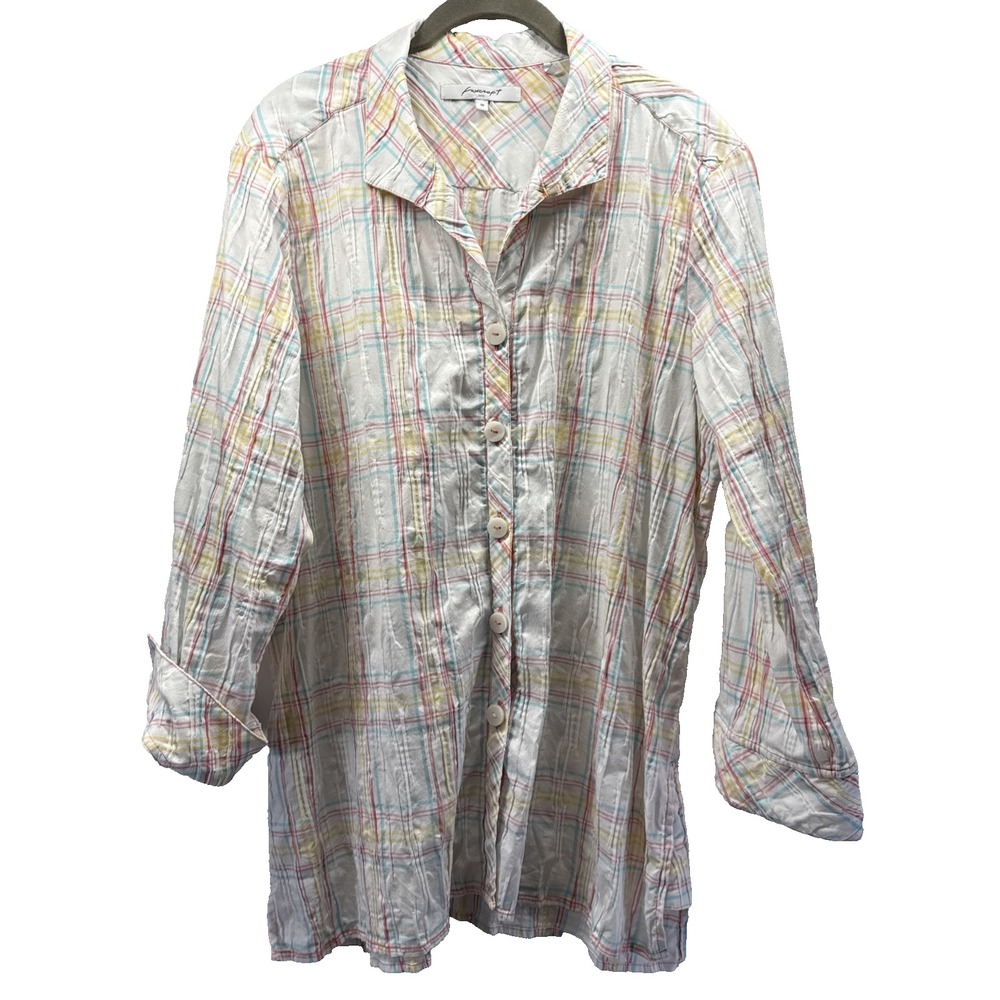 Foxcroft Women's Top Blouse Sz 16 Pink Yellow White Plaid Button Up Cotton Blend